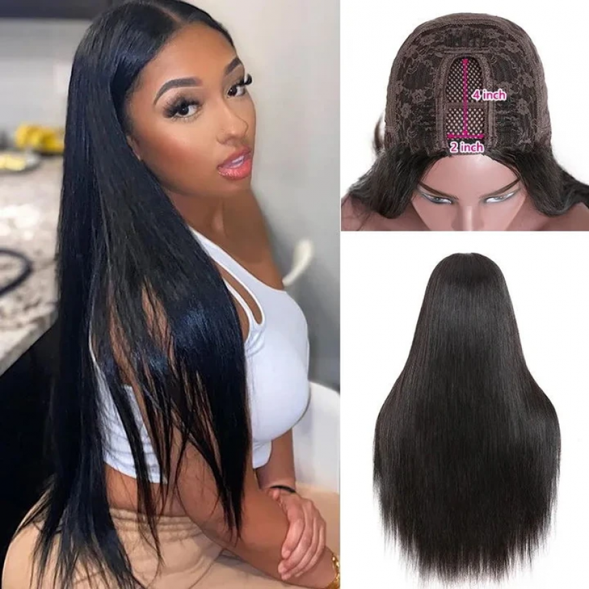 Straight Hair U Part Wig 150% Density Classic Virgin Remy Straight Wigs With Plastic Net Cap