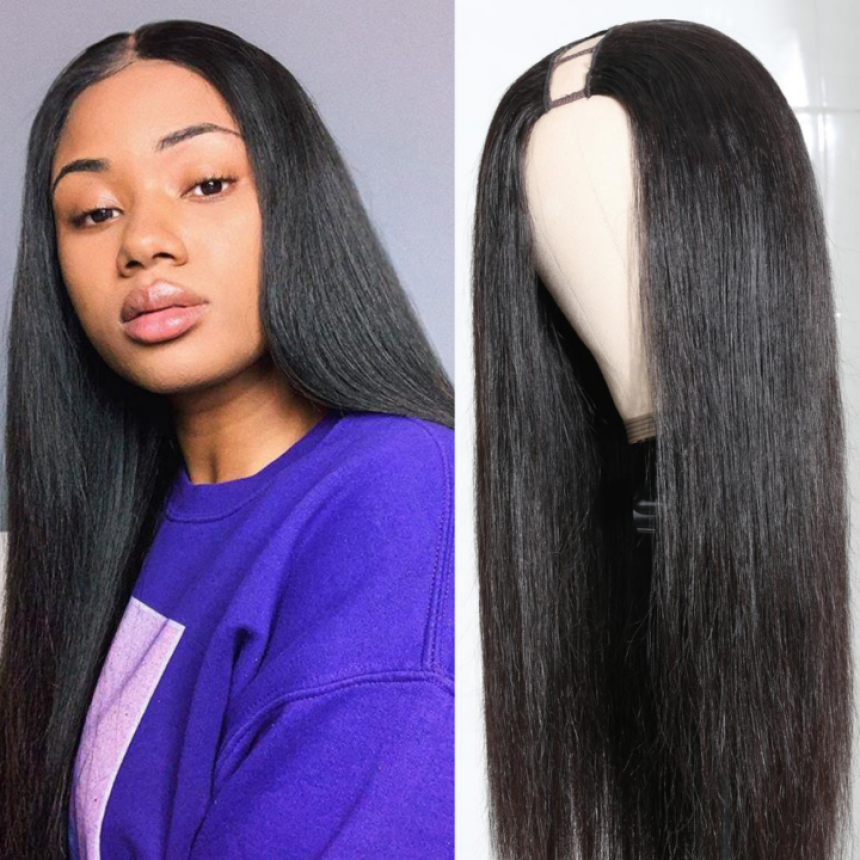 Straight Hair U Part Wig 150% Density Classic Virgin Remy Straight Wigs With Plastic Net Cap