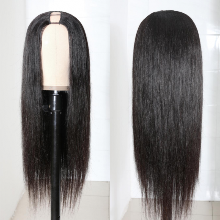 Straight Hair U Part Wig 150% Density Classic Virgin Remy Straight Wigs With Plastic Net Cap