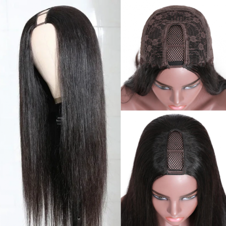 Straight Hair U Part Wig 150% Density Classic Virgin Remy Straight Wigs With Plastic Net Cap