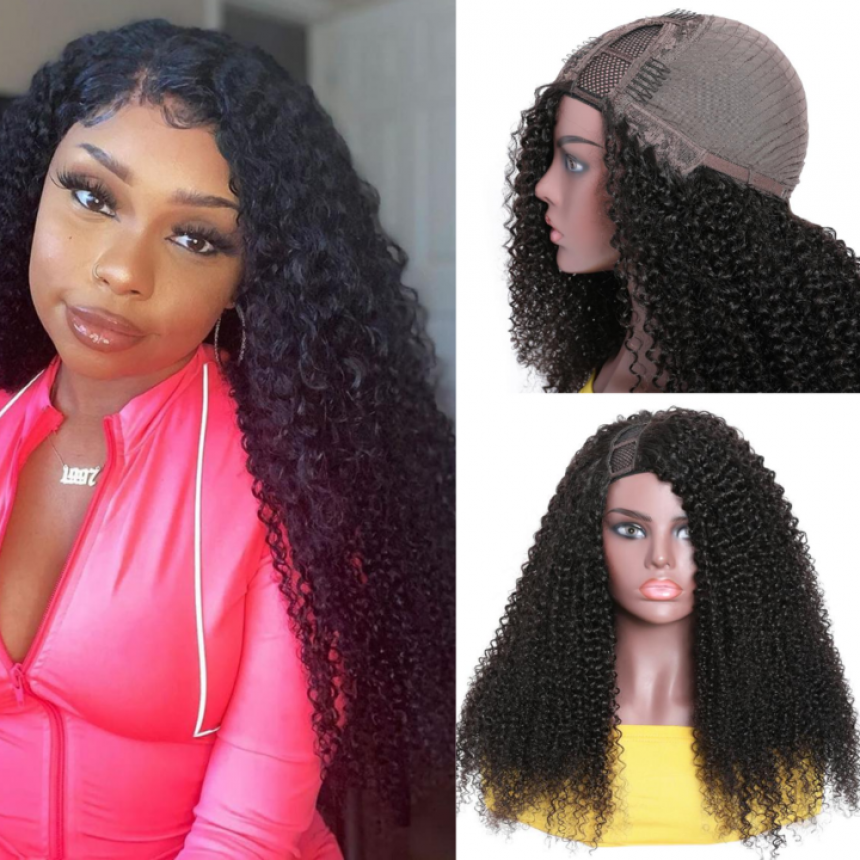 U Part Wig Kinky Curly Right Side U Part Human Hair Wigs 150% Density Glueless Natural Looking Hairline