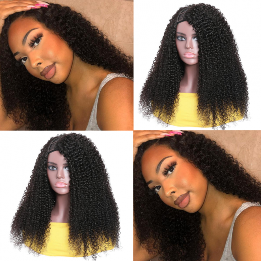 U Part Wig Kinky Curly Right Side U Part Human Hair Wigs 150% Density Glueless Natural Looking Hairline