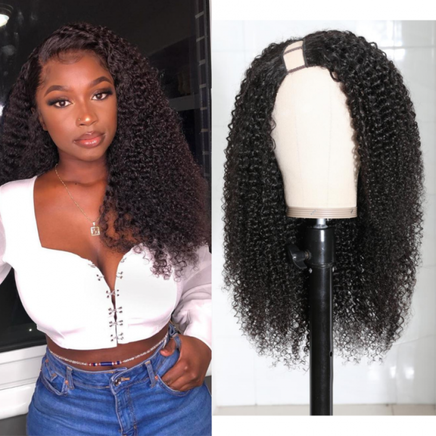 U Part Wig Kinky Curly Right Side U Part Human Hair Wigs 150% Density Glueless Natural Looking Hairline