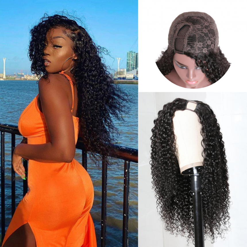 Upart Wigs Jerry Curly Human Hair Glueless Left Side U Part Wigs 100% Human Hair Super Soft