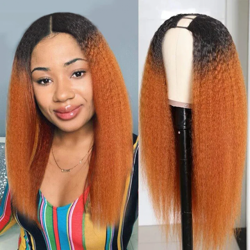 U Part Wig 100% Brazilian Remy Human Hair T1b/30 Ombre Kinky Straight Wigs 200% Density T1b/30 Ombre