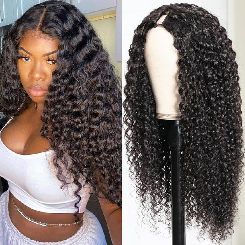 Jerry Curly U Part Wig Middle Part Unprocessed Virgin Hair Wigs 150% Density Natural Color Glueless Wigs
