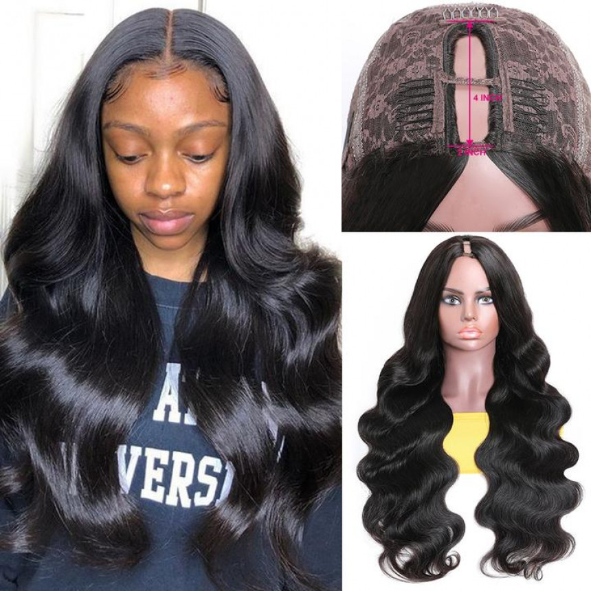 Middle Part Body Wave U Part Human Hair Wig  Glueless Long Wigs Natural Black Color 