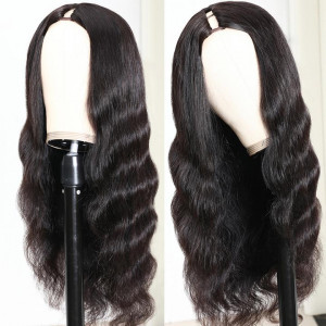 Middle Part Body Wave U Part Human Hair Wig  Glueless Long Wigs Natural Black Color 