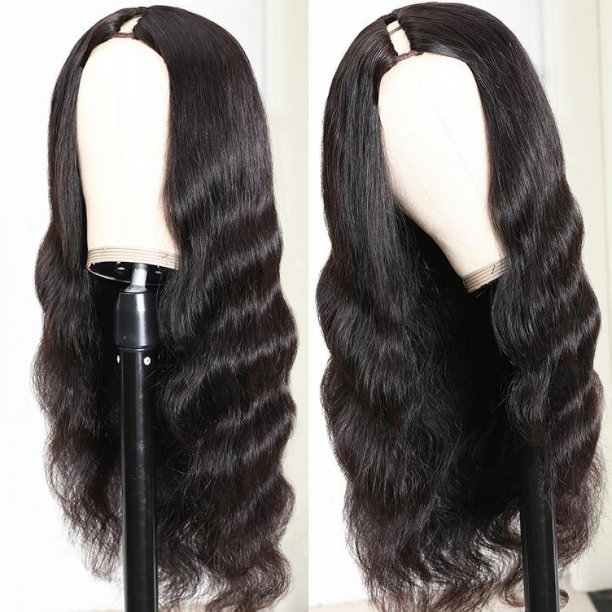 Middle Part Body Wave U Part Human Hair Wig  Glueless Long Wigs Natural Black Color