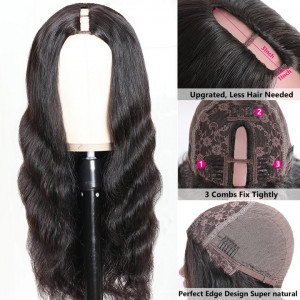 Middle Part Body Wave U Part Human Hair Wig  Glueless Long Wigs Natural Black Color 