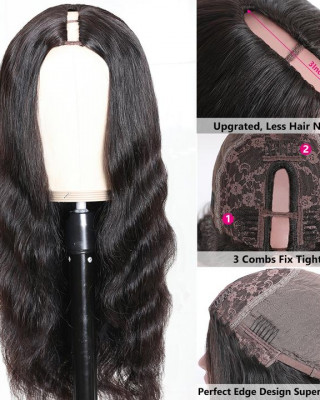 Middle Part Body Wave U Part Human Hair Wig  Glueless Long Wigs Natural Black Color 