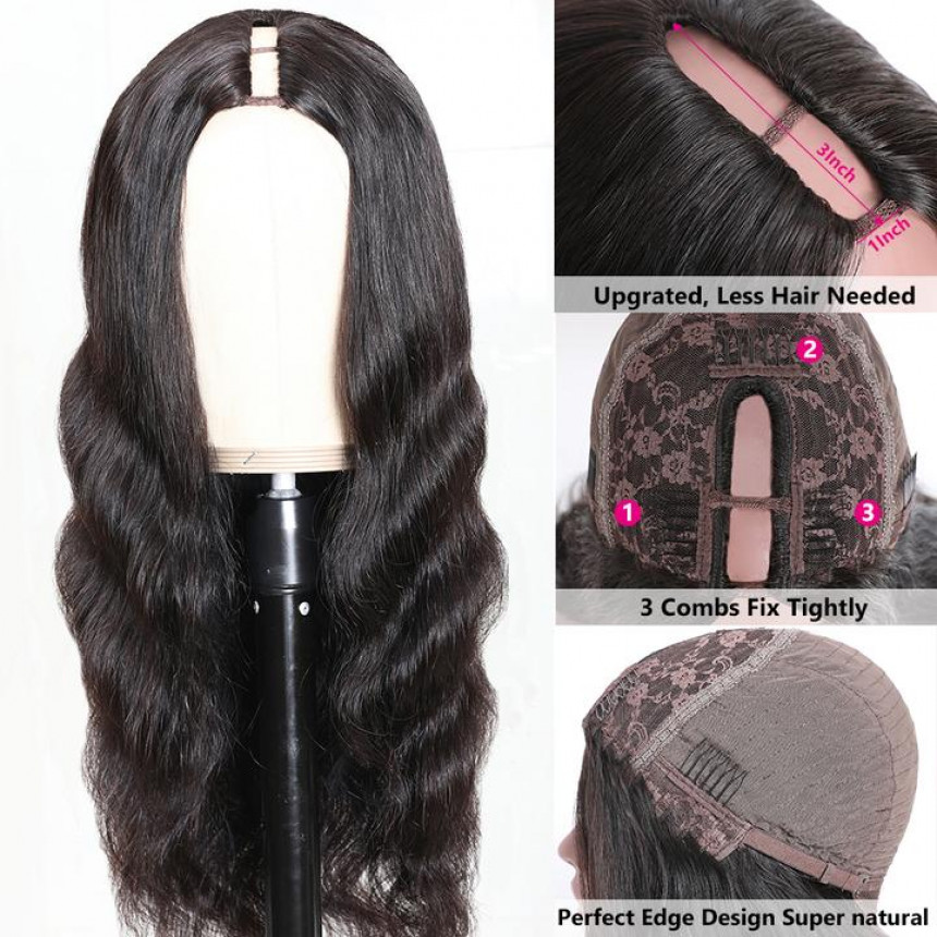 Middle Part Body Wave U Part Human Hair Wig  Glueless Long Wigs Natural Black Color