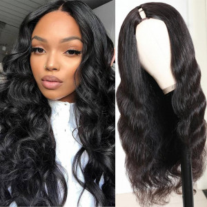 Middle Part Body Wave U Part Human Hair Wig  Glueless Long Wigs Natural Black Color 