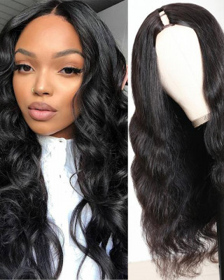 Middle Part Body Wave U Part Human Hair Wig  Glueless Long Wigs Natural Black Color 