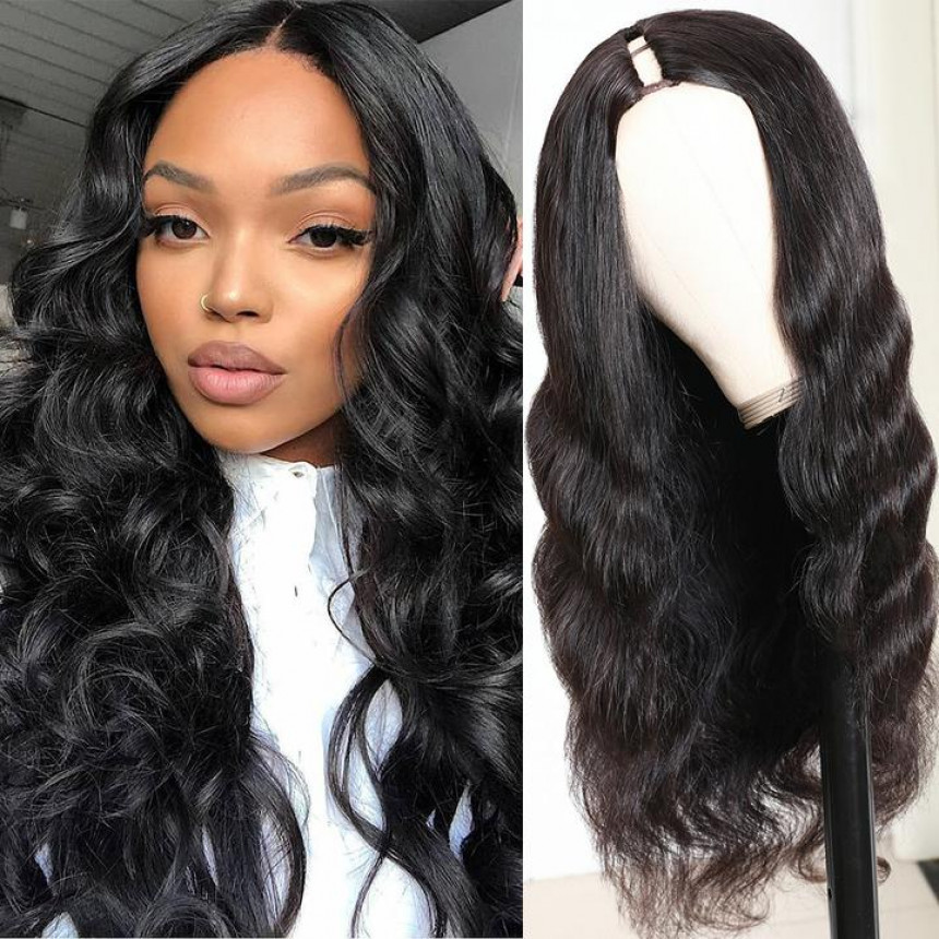 Middle Part Body Wave U Part Human Hair Wig  Glueless Long Wigs Natural Black Color