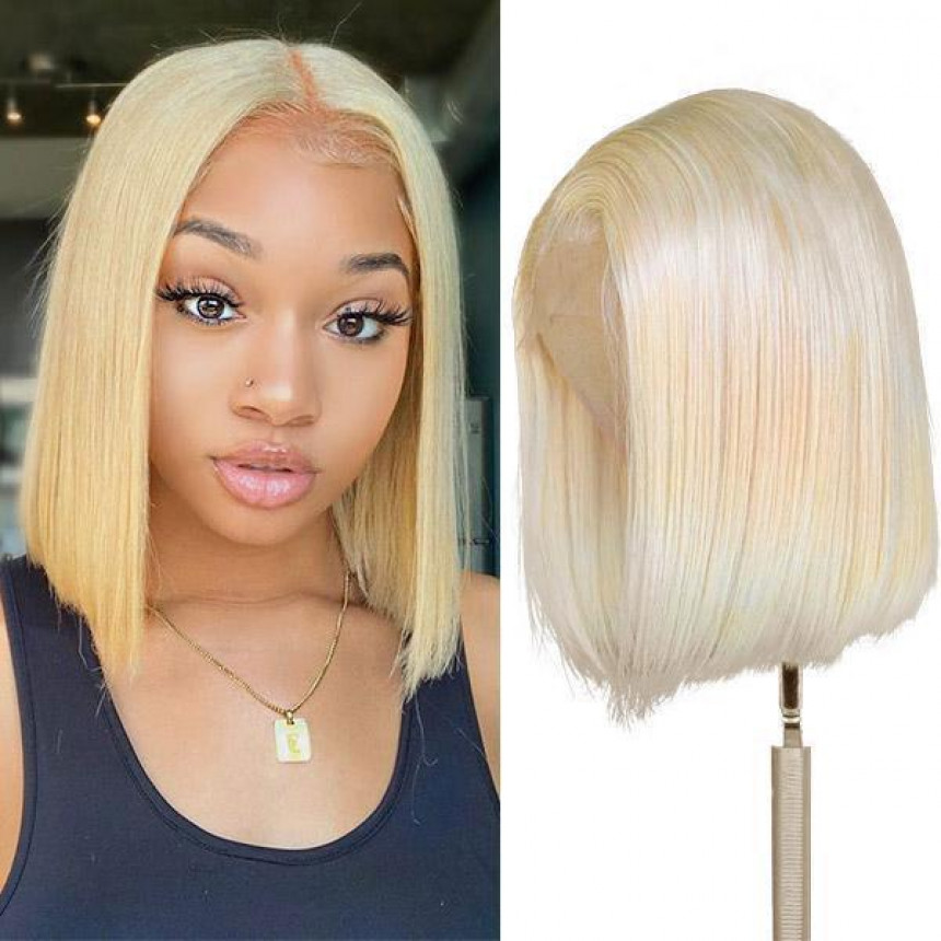 613 Blonde T-Part Lace Front Straight Short Bob Human Hair Wig