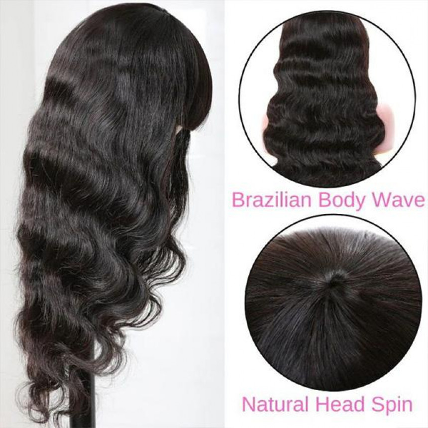 New Arrival Body Wave Machine Made Human Hair Wig With Free Part Bangs