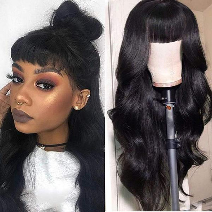 New Arrival Body Wave Machine Made Human Hair Wig With Free Part Bangs