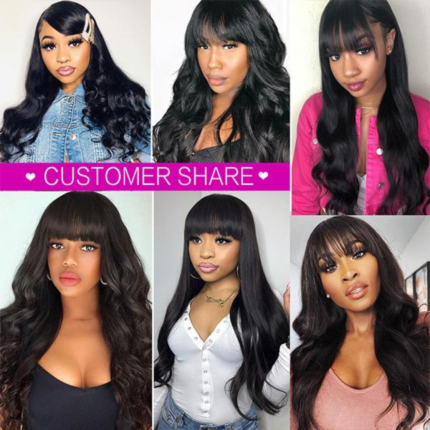 New Arrival Body Wave Machine Made Human Hair Wig With Free Part Bangs