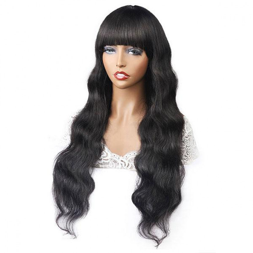 New Arrival Body Wave Machine Made Human Hair Wig With Free Part Bangs