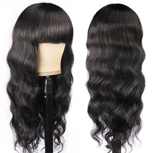 New Arrival Body Wave Machine Made Human Hair Wig With Free Part Bangs