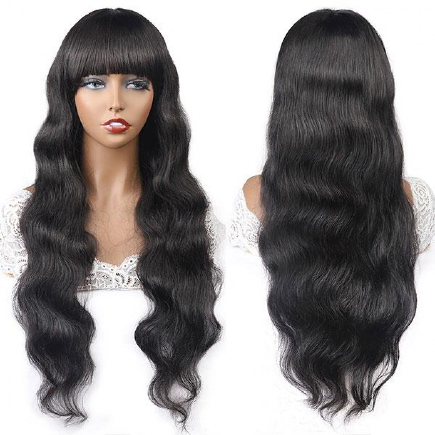 New Arrival Body Wave Machine Made Human Hair Wig With Free Part Bangs