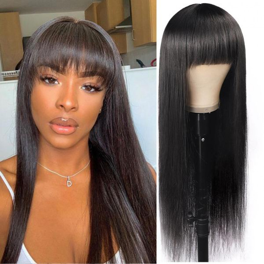 Straight Full Machine Made Wig With Neat Bangs No Lace Affordable 100% Human Hair Wig
