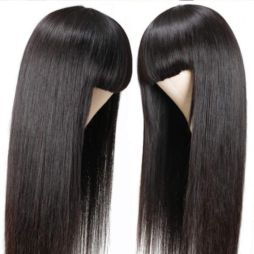 Straight Full Machine Made Wig With Neat Bangs No Lace Affordable 100% Human Hair Wig