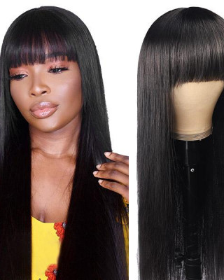 Straight Full Machine Made Wig With Neat Bangs No Lace Affordable 100% Human Hair Wig
