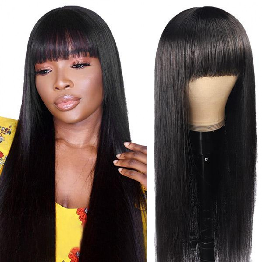 Straight Full Machine Made Wig With Neat Bangs No Lace Affordable 100% Human Hair Wig