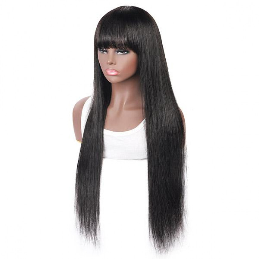 Straight Full Machine Made Wig With Neat Bangs No Lace Affordable 100% Human Hair Wig