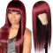 Colored Wigs 99J#  Straight Virgin Human Hair Wigs Machine Made Wigs With Bangs