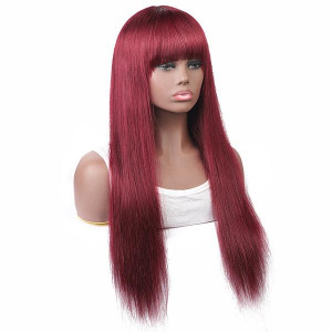 Colored Wigs 99J#  Straight Virgin Human Hair Wigs Machine Made Wigs With Bangs