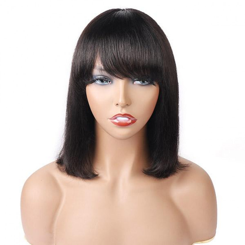 Straight Hair Machine Made Short Bob 100% Human Hair With Bangs Straight Hair Machine Made Short Bob 100% Human Hair With Bangs