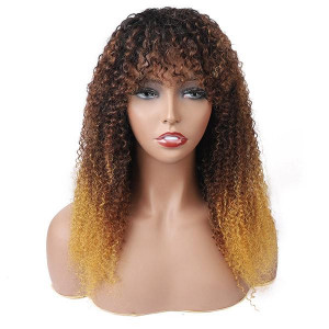 Ombre Three Color Machine Made Curly Wigs 100% Human Hair Wig With Bangs