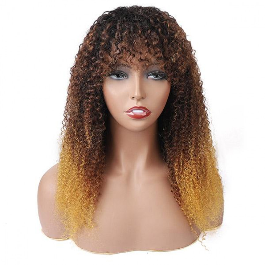 Ombre Three Color Machine Made Curly Wigs 100% Human Hair Wig With Bangs