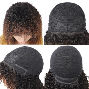 Ombre Three Color Machine Made Curly Wigs 100% Human Hair Wig With Bangs