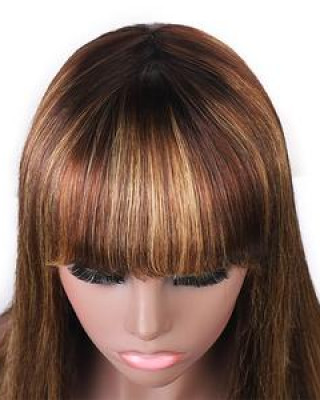 Colored Wigs For Sale 150% Density Honey Blonde Highlight Brown Ombre Straight Human Hair Wigs Machine Made Wigs With Bangs