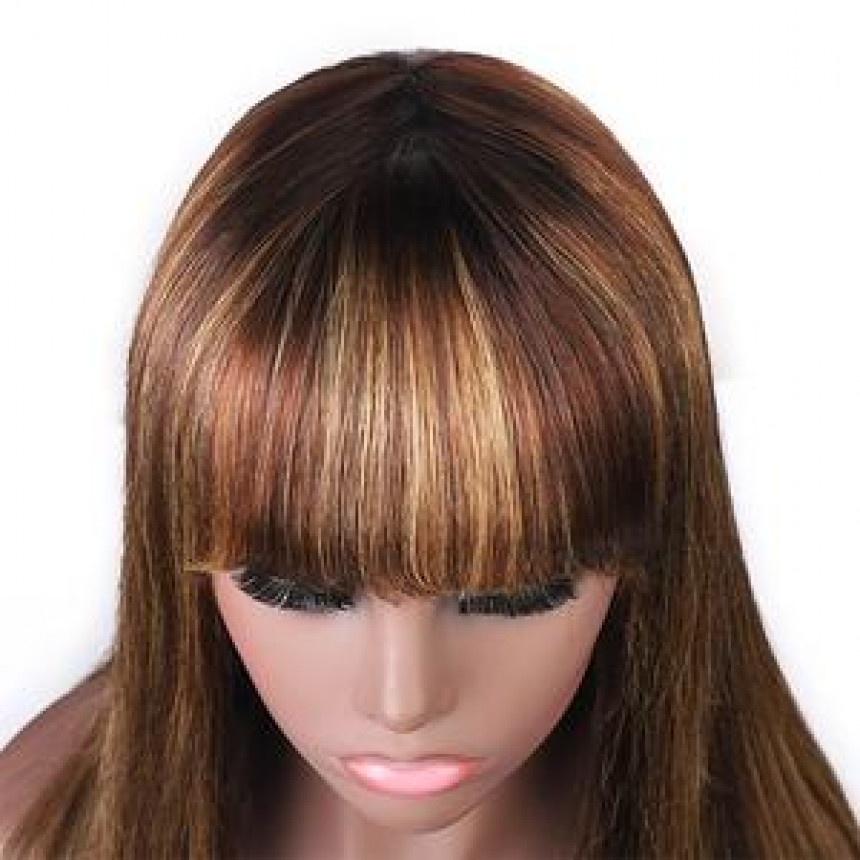 colored wigs for sale 150% Density Honey Blonde Highlight Brown Ombre Straight Human Hair Wigs Machine Made Wigs With Bangs