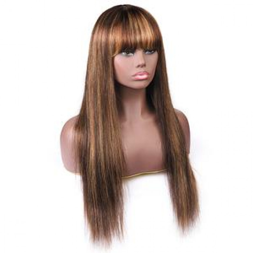 colored wigs for sale 150% Density Honey Blonde Highlight Brown Ombre Straight Human Hair Wigs Machine Made Wigs With Bangs