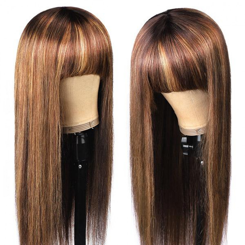 colored wigs for sale 150% Density Honey Blonde Highlight Brown Ombre Straight Human Hair Wigs Machine Made Wigs With Bangs