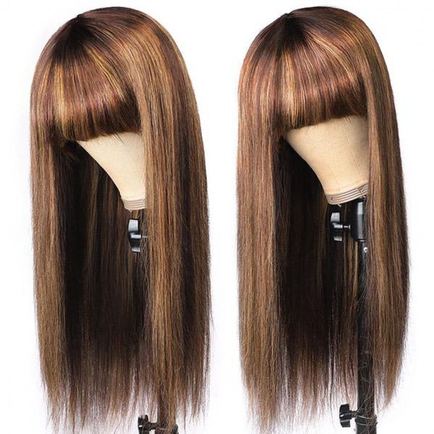 colored wigs for sale 150% Density Honey Blonde Highlight Brown Ombre Straight Human Hair Wigs Machine Made Wigs With Bangs