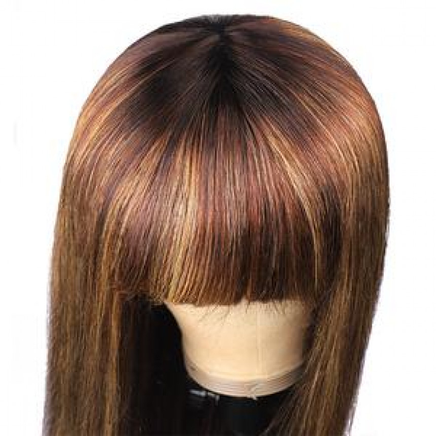 colored wigs for sale 150% Density Honey Blonde Highlight Brown Ombre Straight Human Hair Wigs Machine Made Wigs With Bangs