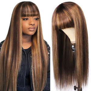 Colored Wigs For Sale 150% Density Honey Blonde Highlight Brown Ombre Straight Human Hair Wigs Machine Made Wigs With Bangs